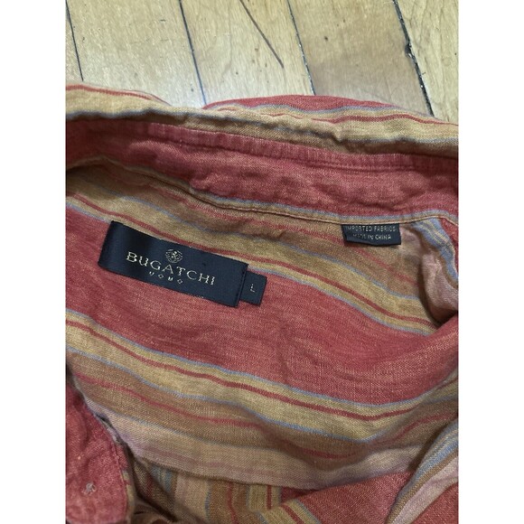 Bugatchi Uomo Striped Linen Shirt Orange Yellow Button Up Beach Party Mens L - Picture 4 of 8